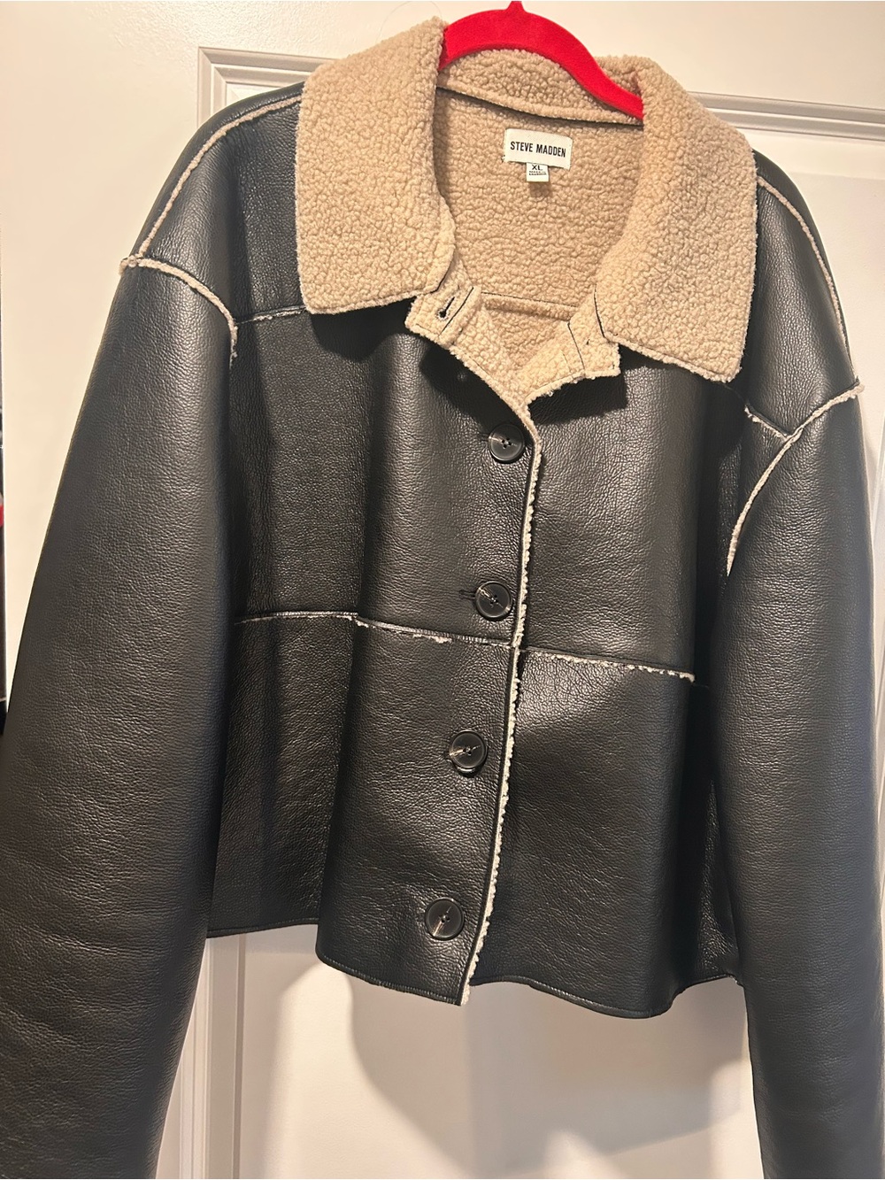 Steve Madden Black Faux Leather Shearling Jacket - Black/Tan XL